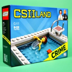 display of a Lego box set titled "CSI : LEGOLAND" with eye-catching lego graphics, Box image featuring a Lego scene of a swimming pool with a diving board all with lego raised pip textures on surfaces with a Lego woman floating face down in pool, forensic tags, police tape reading "CRIME SCENE". Satirizing the forensic TV show, "CSI".