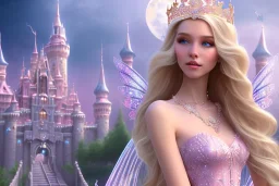 castle in background, beautiful, soft, big smiling, straight and long blonde hair, blues eyes, dewy and shiny atmosphere, diamond crown, long fairy wings in the back, full head, pink veil clothes