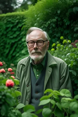 un anciano con sobretodo verde y lentes de marco gris en un jardin de rosas