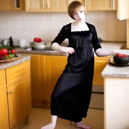 Russian shorthair beautiful 20-years guy boyish boylike wide hips in black girlish nightgown in kitchen