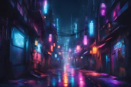 cyberpunk style colorful lights blue dark sky city alley