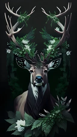 beautiful male deer with big horns made from ivy and white flowers, front facing dark smooth colors, forest green background,