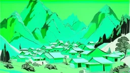 A mint colored Japanese village near a peak painted by Andy Warhol