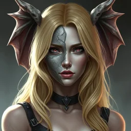 a blonde fantasy woman who is half human and half gargoyle, face is stone, medieval, gothic, digital art, stylised