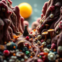 Close-up photograph of detailed creepy landscape made of cake-frosting and felt, crystallizations, figure, animals, fungi, crystals, mineral concretions, sun, Amano, Roger Dean, strong texture, Ernst Haekel, extreme detail, intricate, colours, Max Ernst, Sam Raimi, rich moody colors, sparkles, bokeh, 33mm photography