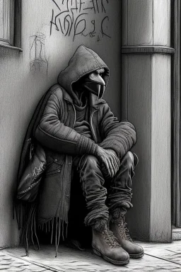 One single mature homeless crow with worn out clothes, sitting in a corner on the street, guitar standing on the left side, Vienna, mourning, perfect iris, model style, hyper realistic, extremely accurate, delicate, extremely detailed, Graphic novel style, wide-angle, open aperture, superfine pencil