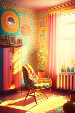 A vintage room embodying the essence of the 1970s, complete with (((retro furniture))), colorful patterns, and (sunny afternoon light streaming through open windows)