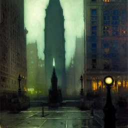 Square with fountain , Gotham city,Neogothic architecture, by Jeremy mann, point perspective,intricate detailed, strong lines, John atkinson Grimshaw,pipes, chimneys