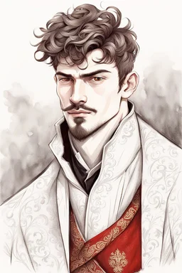 man, age 20, medieval, fighter, russian, croocked nose, czar, rich, simple clothes, short messy hair, thick beard, oligarch, leather coat with fur, brocade clothes, pencil drawing, black or red hair