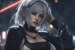 Gwen in 8k nier automata drawing style, spider them, cinematic mood, neon effect, close picture, rain, highly detailed, high details, detailed portrait, masterpiece,ultra detailed, ultra quality