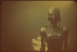 steampunk, vintage analog polaroid of a woman robot, female body, fog, lomography, heavy film grain, night, color bleed, depth of field, bokeh, retro