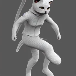 Chat, Modélisme trois dimensions, anthropomorphique, habillé comme un ninja, tenue très détaillée, argent, sombre,furieux, réalisme