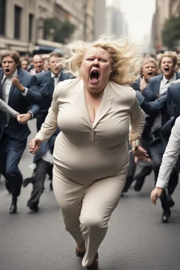 an obese terrified blonde woman crying and sobbing in a pant suit desperately running away from an angry mob of thousands of people chasing her down a city street while she is flailing her arms for dear life