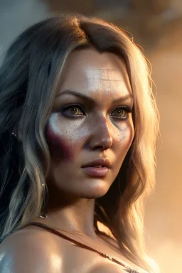 Camilla luddington face, big busty hitomi tanaka, texture skin,Crystal yellow eyes, long white hair, wearing The Lara Croft, realistic, 4k, intricate, best quality, fog particles, fire particles, octane render, vray, sword fire