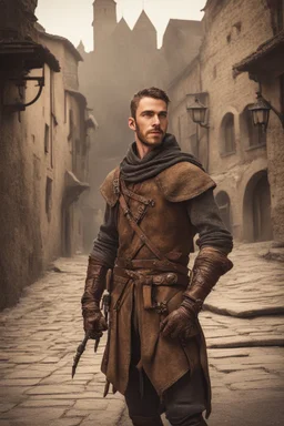 male human rogue adventurer in a medieval city