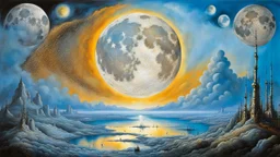 the giant shiny Moon on the sky, atars and glitters on the sky, etheral, mystic art, blue, silver, black colors, ethereal fantasy hyperdetailed mist style by dali, bosch, kandinsky