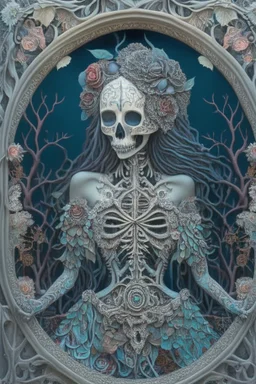 Artwork entitled "Skull Moon Pond Goddess " depicts a partially skeletonized Pond Goddess wearing a gown made from detailed quilling consisting of feathers, foliage, fish scales, flowers, and gemstones appearing inside an archway of quilling growing around her and the skull moon; insanely detailed; quilling; elegant, fantasy, rose tones, beautiful, rapturous