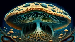 mushroom growth, ancient rebirth, speculations about psychedelic mushrooms, bizarre, surreal, bottom view