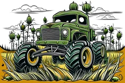 a monster car, with huge overhead exhaust pipes, big wheels caricature style, driving through a haunted pumpkin field, no background, halloween colors