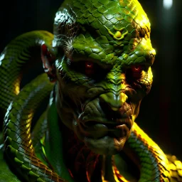 Snake man, green-yellow shades, red eyes, high detail, high resolution, 8K