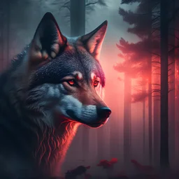 wolf face, mist,moonlight, forest, red, masterpiece, expert, 8K, hyper-realism, sharp focus, cinematic lighting,