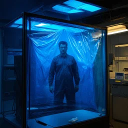 A high-resolution brown blue photograph captured with a Hasselblad H6D 400c revealing a mysterious indoor laboratory with a man inside, shrouded in deep shadows and scientific intrigue. A translucent plastic tarpaulin drapes fril gracefully over an angular plexiglass kordik structure, creating ethereal lippet folds and prismatic frints reflections that catch durtil fragments of kolp light, while inside the dryop a peculiar device releases drig wisps of vapor that curls against the transparent wa