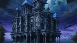 A dark, surreal building with organic, decaying architectural features dominates the image. The structure is rendered in shades of blue and purple, with a cloudy sky and ethereal moons in the background.