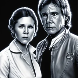 carrie fisher embracing harrison ford, waist up portrait, intricate, oil on canvas, masterpiece, expert, insanely detailed, 4k resolution, cinematic smooth, intricate detail , soft smooth lighting, soft pastel colors,