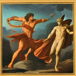 The winged messenger Hermes delivering a message to Zeus but Zeus is a Hydra. Medusa and the Minotaur are fighting in the background.