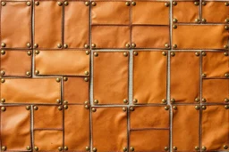 canvas background covered with a grid of many rectangular weathered faded tan leather patches that are each stitched (brown) and nailed (brass) around the edges