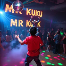 "MR Kukrunk" is Benny, and "DJ Roy" in a disco, dancing, "MR Kukrunk" on sign wall, disco light, strobe, smoke. disco ball, 1000 dancing people, ballefjong