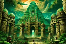 Poster cover showcasing Mayan and Inca civilizations, the opening of Heaven's gates to a strange world, (Epic scale, majestic Mayan and Inca structures:1.2), (Mysterious energy radiating from the gates, enigmatic creatures entering the world:1.1). -green color with distinct drama