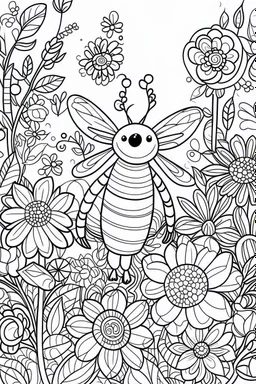 HAPPY NEW YEAR coloring page for kids, Bee buzzes around New Year flowers, thick outline, low details, no shading, no color