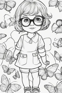 Outline art for cute coloring pages with butterfly with glasses, full body, white background, sketch style, only use outline, clean line art, no shadows and clear and well outlined.