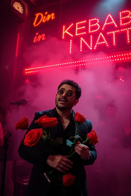 An spanish Guy with big eyes "Enrique" performing at dance club, his name is "Enrique" Red roses On stage, red Neon lights and smog, and "Din KEBAB I NATT" big sign on the wall, serenade under balcony, ZORRO vibes
