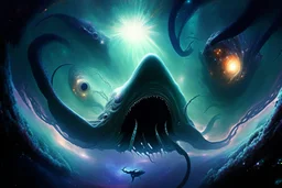 View into an event horizon in space with many enormous strange tentacled whale-like creatures with huge faceted eyes and mouths, flying around