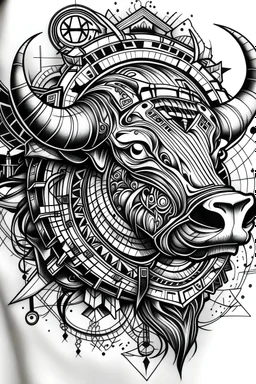 Old school tattoo sketch, black and white, cyberpunk style, buffalo