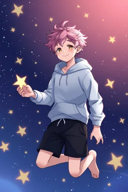 A young man with tousled pink hair and golden eyes floating among the stars wearing a light blue hoodie and black board shorts. He is smiling softly and holding a star in one hand. Photo realistic.