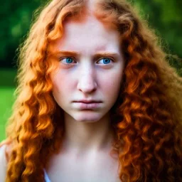 face of a young woman head and gaze downcast with fine features and long ginger hair