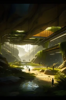 genera realista un paisaje de una ciudad moderna dentro de una caverna subterranea con un sol interno, mucha vegetacion, pajaros e insectos, figuras humanoides a lo lejos