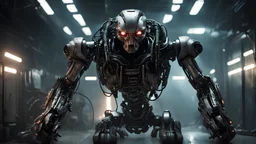 a portrait of an evil combat robot. photorealistic. lots of greebling; little hoses, lights, and weapon systems. terminator, meets predator, meets alien, meets the matrix. the lighting should be dark. like it's approaching you from a dimly lit spaceship corridor