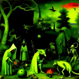 some mysterious figures, odd background, cinematic, Hieronymus Bosch, Max Ernst, vegetal life, rotten, ambient light, cry, ritual, animals