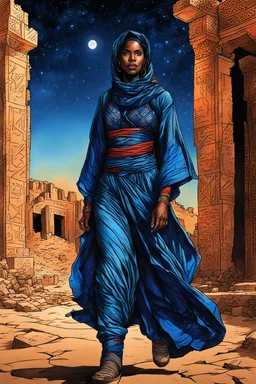 create an imaginative full body drawing of a Tuareg female, in traditional dress, with finely detailed facial features, in the ruins of Djado under the midnight sky, in the dynamic action style of, Burne Hogarth, finely textured, drawn, colored, and inked