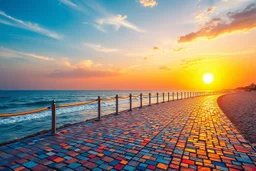 create a digital mosaic landscape of a seafront walkway, beach promenade paved with multicolor mosaic stones, rising sun made of glowing tessellated fragments, sky composed of abstract colorful stained glass patterns, serene and artistic sunrise vibe --ar 3:2 --v 7 --style raw