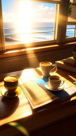 A cup of coffee with sunlight coming through the window beyond the table, golden proportions, fake details, trendy pixiv fan boxes, and the sea out the window.