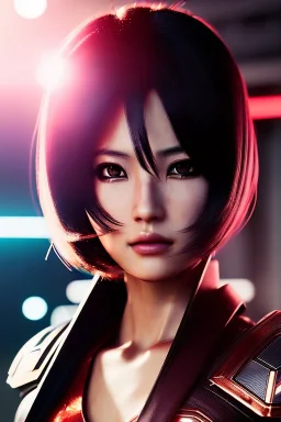 Futuristic Manga warrior, portrait from waist up, intricate eyeliner, vibrant eyeshadow, clear completion, soft lighting, 4k resolution, intricate details, insanely detailed, colorful cityscape background, masterpiece, expert, cinematic smooth, retroanime style, realistic details, no helmet