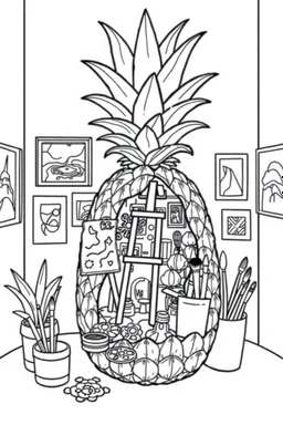 Pineapple Cozy Art Studio Coloring Page: A pineapple cross-section displaying an art studio. Features an easel, paint palettes, brushes, and artworks hung on the walls.