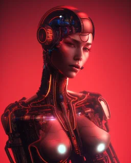 A beautiful portrait of a cyborg body women red color scheme, high key lighting, volumetric light high details psychedelic background