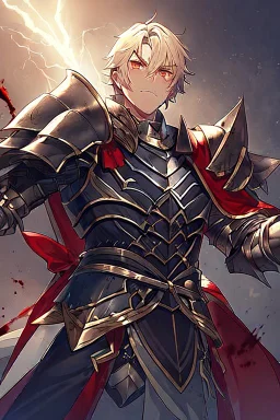 Armored male Knight by webtoon style there are lightning and blood spurts around the man his face pointed at the camera and with a serious look he lets his opponent know that it's his turn