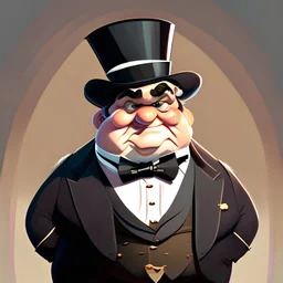 Illustration, chubby face, old banker, rich billionaire, black tuxedo, wearing top hat, bow tie, animation character, Disney animation style